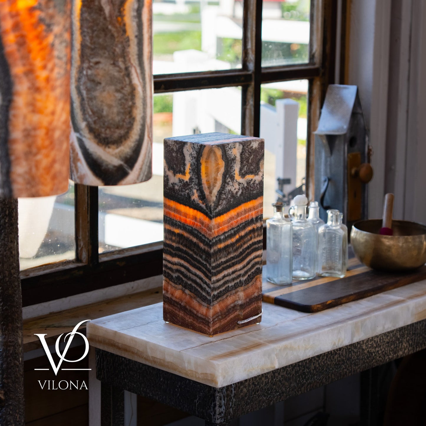 Tangerine Onyx Table Lamp – 16" Tall × 6" Square – One of a Kind #1